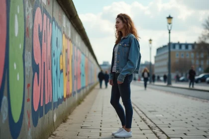 Jeune femme examine un graffiti sur le Mur de Berlin