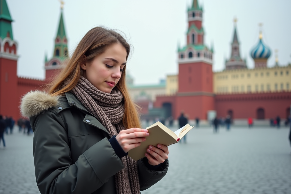 Jeune femme russe lisant guide à Red Square