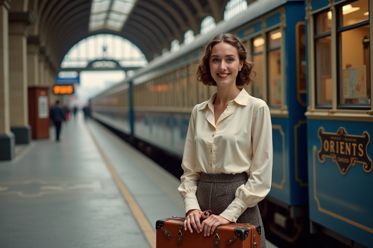 Jeune femme souriante avec valise vintage devant le train