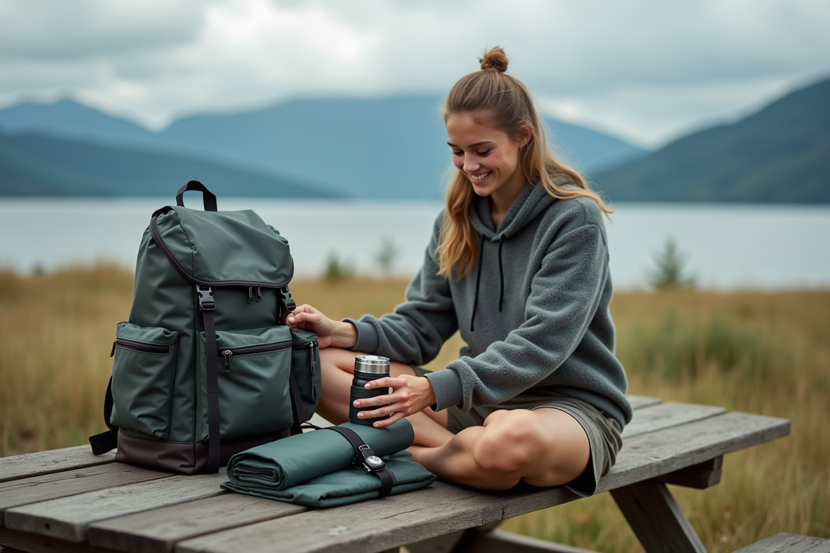 Jeune femme préparant son sac à dos au bord du lac