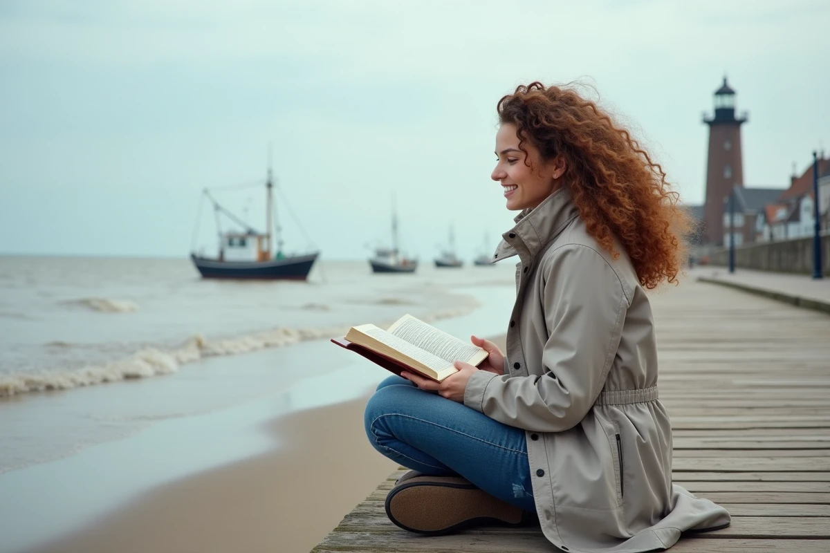 Jeune femme lisant au bord de la mer à Ostend