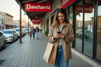 Jeune femme souriante avec sac réutilisable devant supermarché