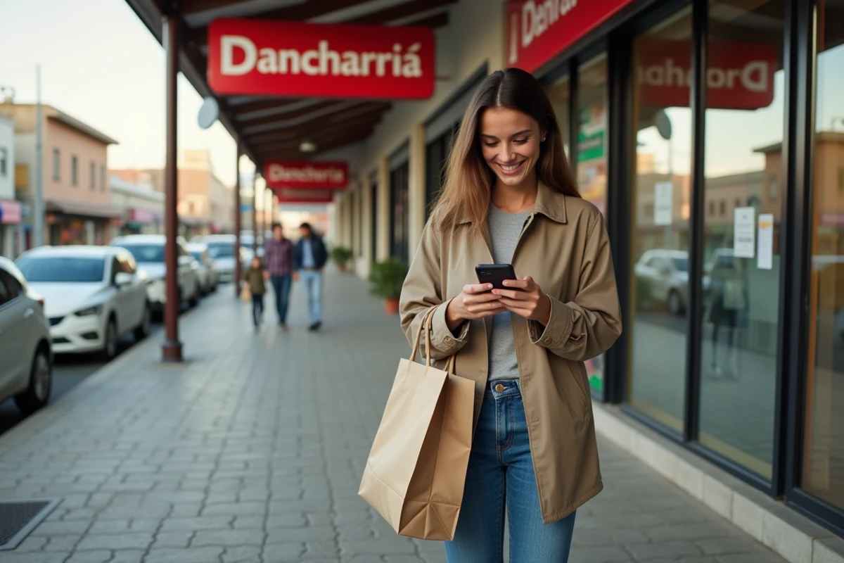 Jeune femme souriante avec sac réutilisable devant supermarché