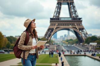 Jeune femme souriante devant la tour Eiffel avec une carte