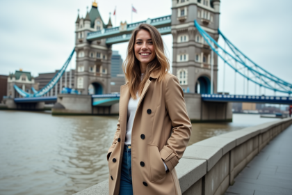 Jeune femme souriante devant le Tower Bridge à Londres