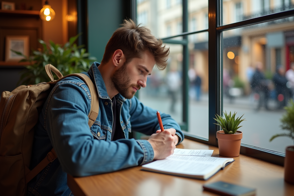 Jeune homme remplissant ses documents de voyage au café