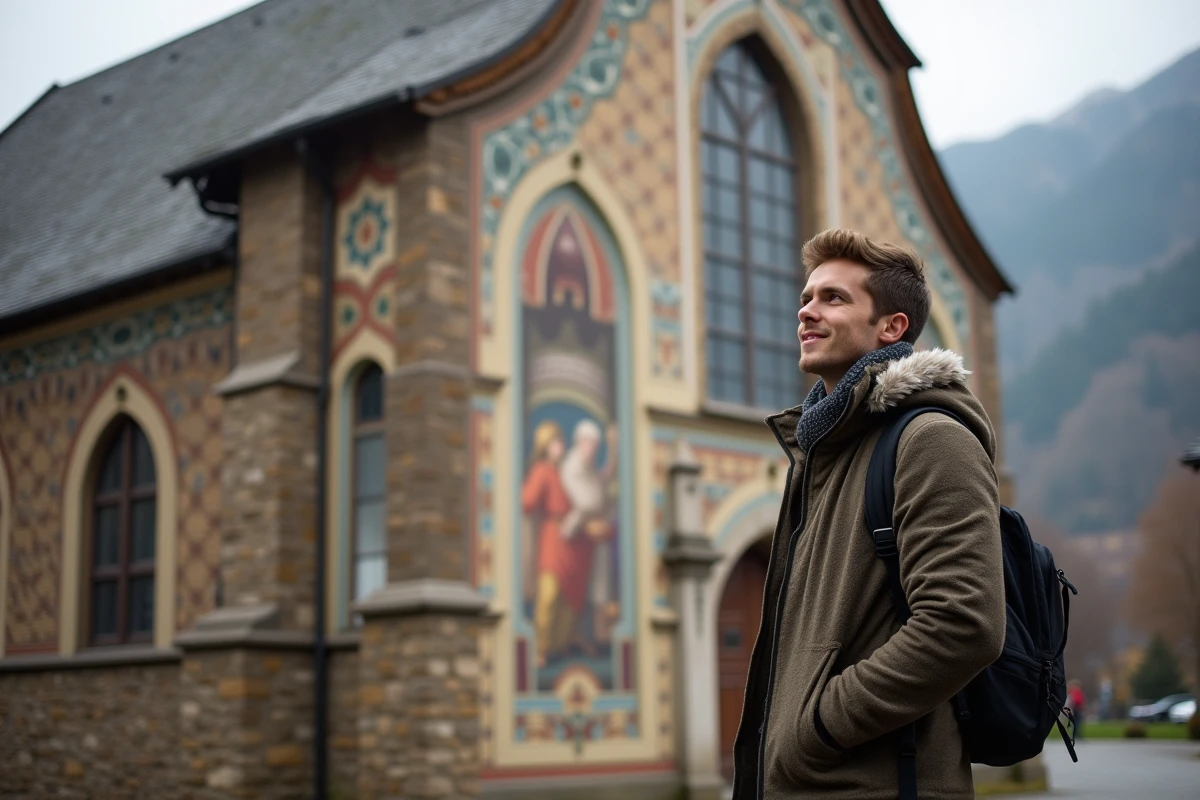 Jeune homme admirant les fresques de l