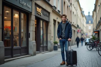 Jeune homme avec valise devant hôtel à Strasbourg