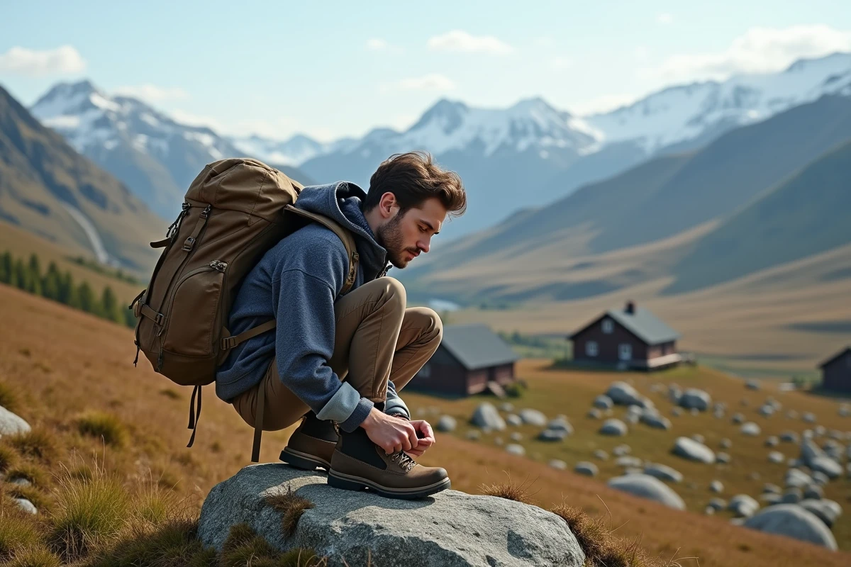 Jeune homme attachant ses chaussures en montagne