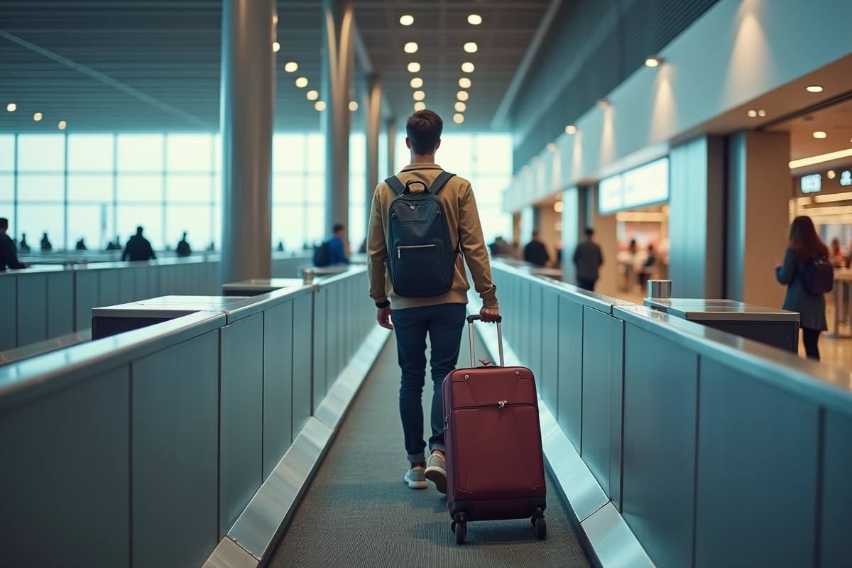 Jeune homme en voyage poussant sa valise vers la securite