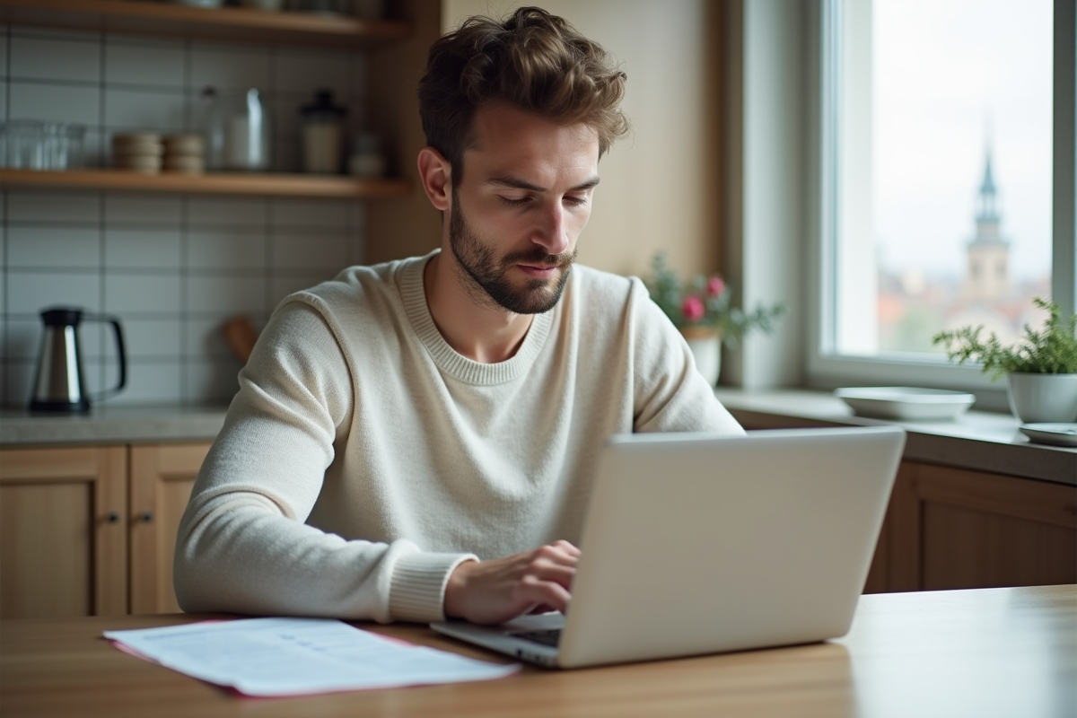 Jeune homme travaillant sur son ordinateur dans une cuisine
