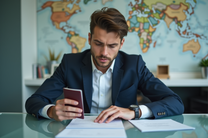 Jeune homme en costume examinant son passeport et visa