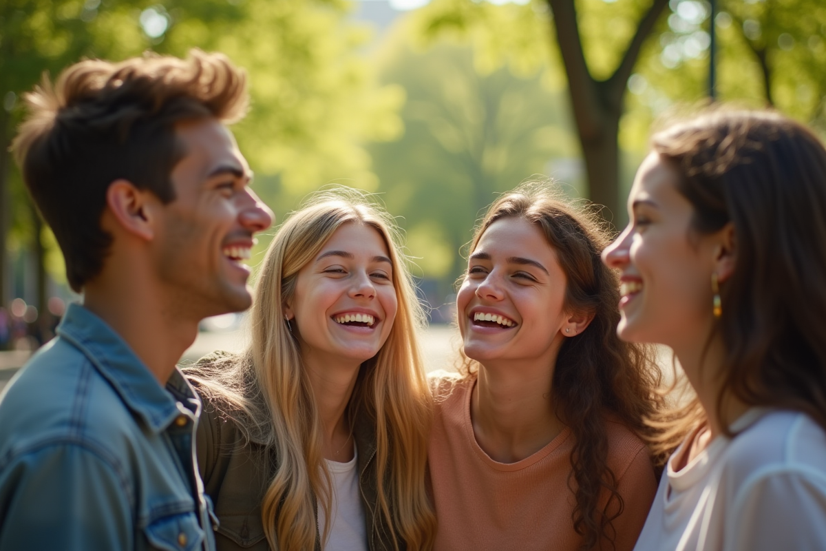 Jeunes amis riant dans un parc ensoleille