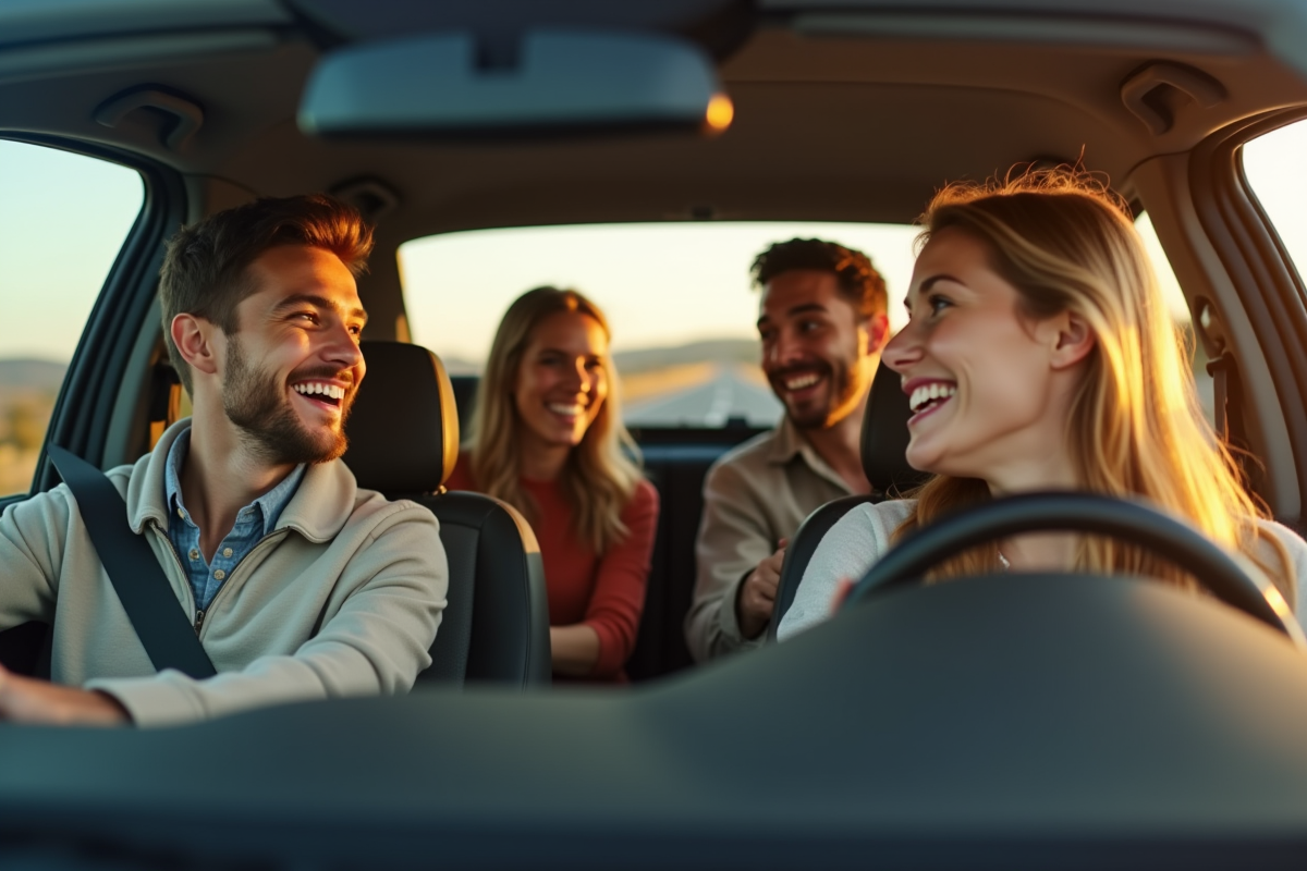 Groupe de jeunes conducteurs souriants dans une voiture moderne
