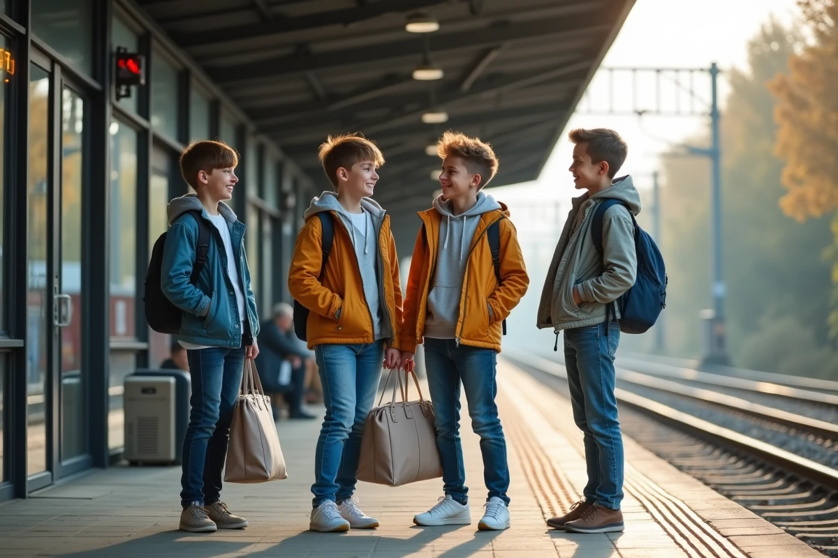 Jeunes discutant sur une plateforme de train en banlieue