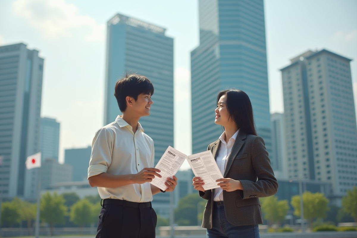 Jeunes japonais discutant avec des bulletins de vote en main