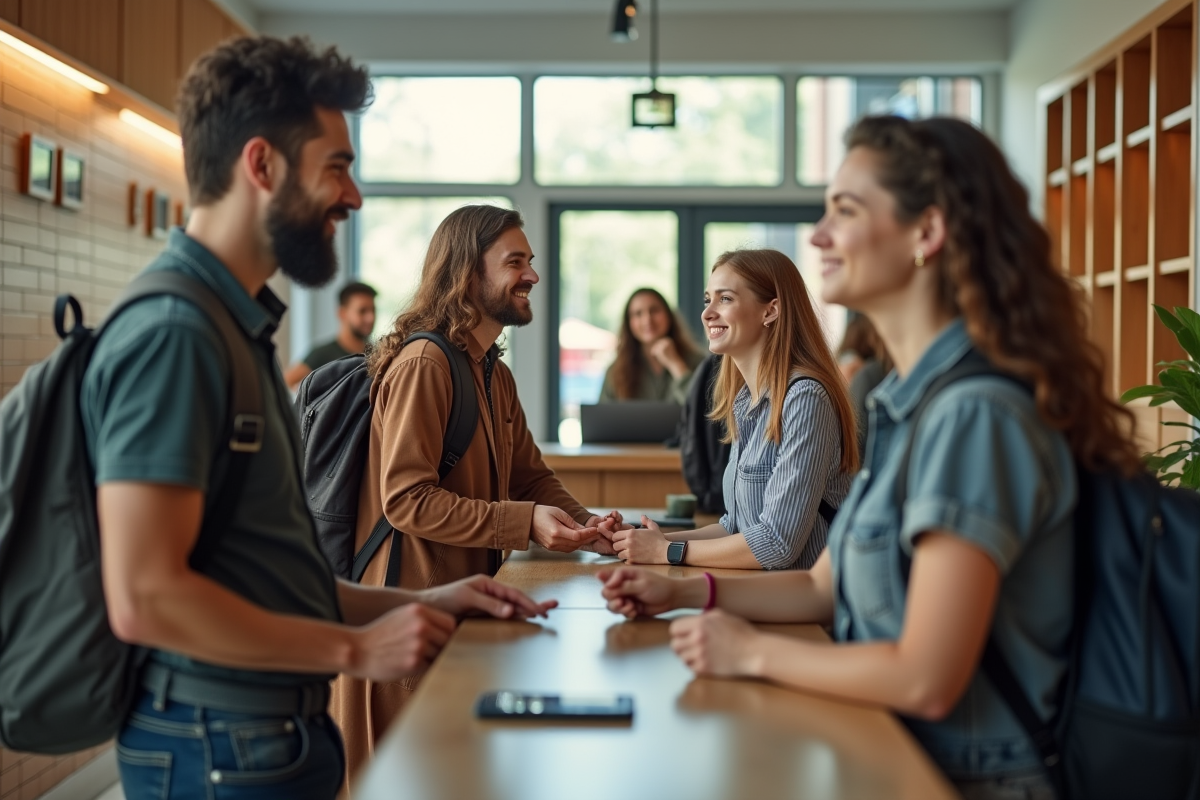 Jeunes voyageurs check-in à la réception d'auberge moderne