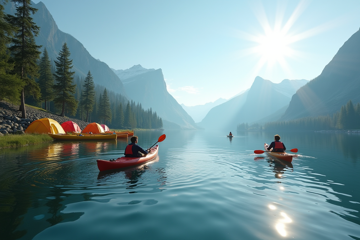 Deux personnes en kayak sur un lac calme près du camping