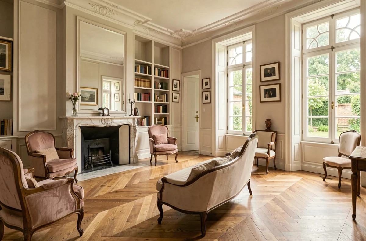 Salon élégant de La Maison Pavie, chambre d'hôtes de caractère avec parquet, cheminée en marbre et mobilier ancien