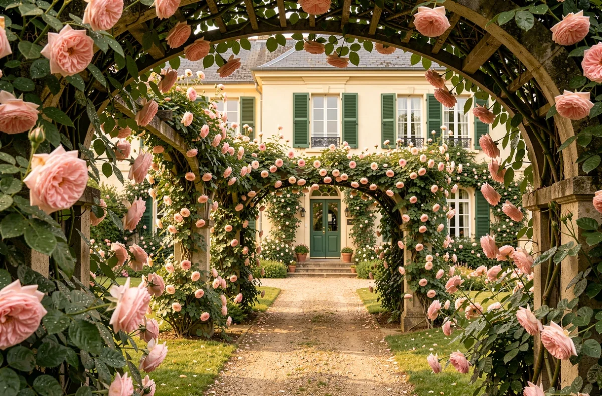 La Roseraie à Grisy-Suisnes, maison d'hôtes avec jardins de roses en pleine floraison et pergolas