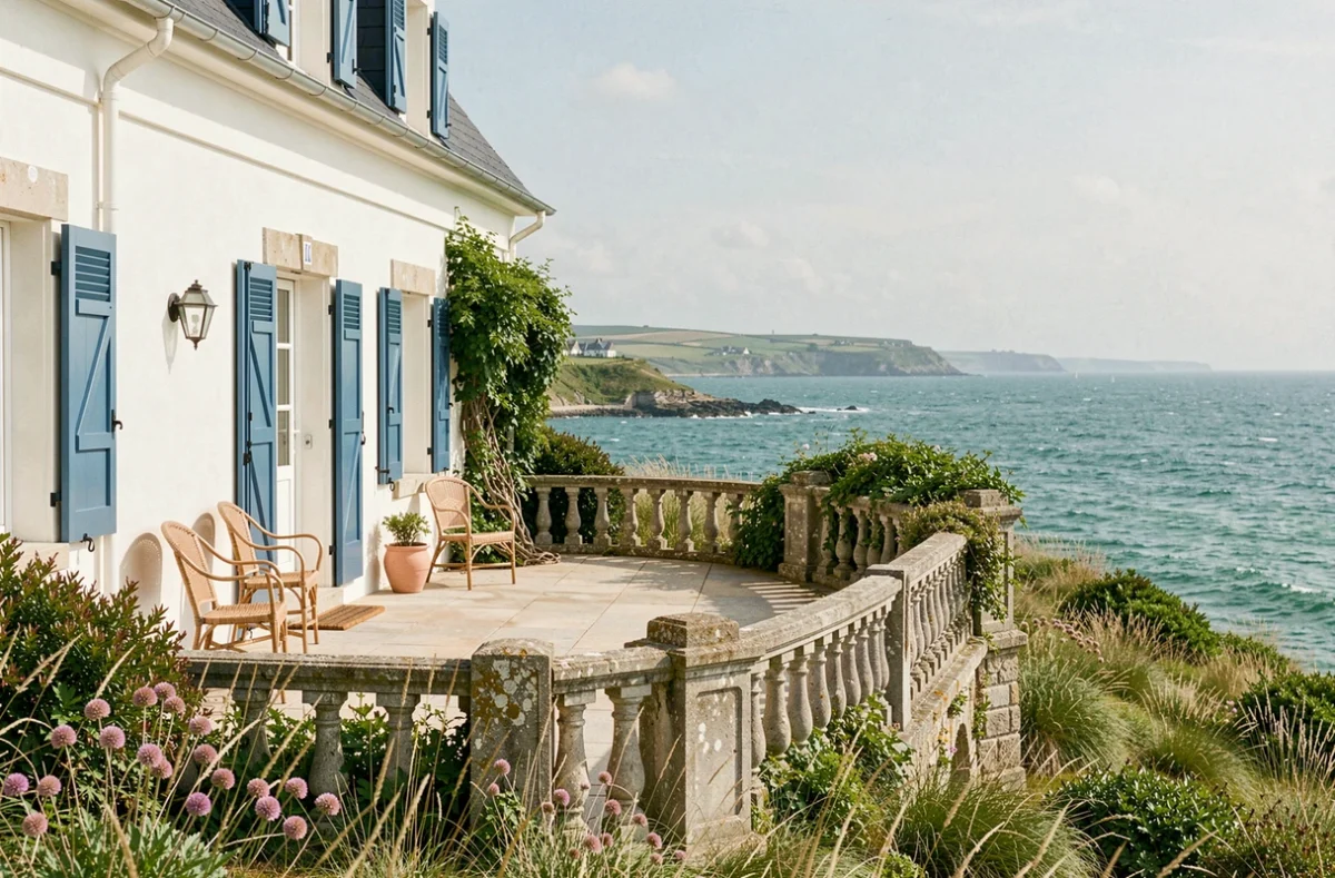 La Villa Émeraude, chambre d'hôtes face à la mer avec terrasse et volets bleus sur la côte des Côtes-d'Armor