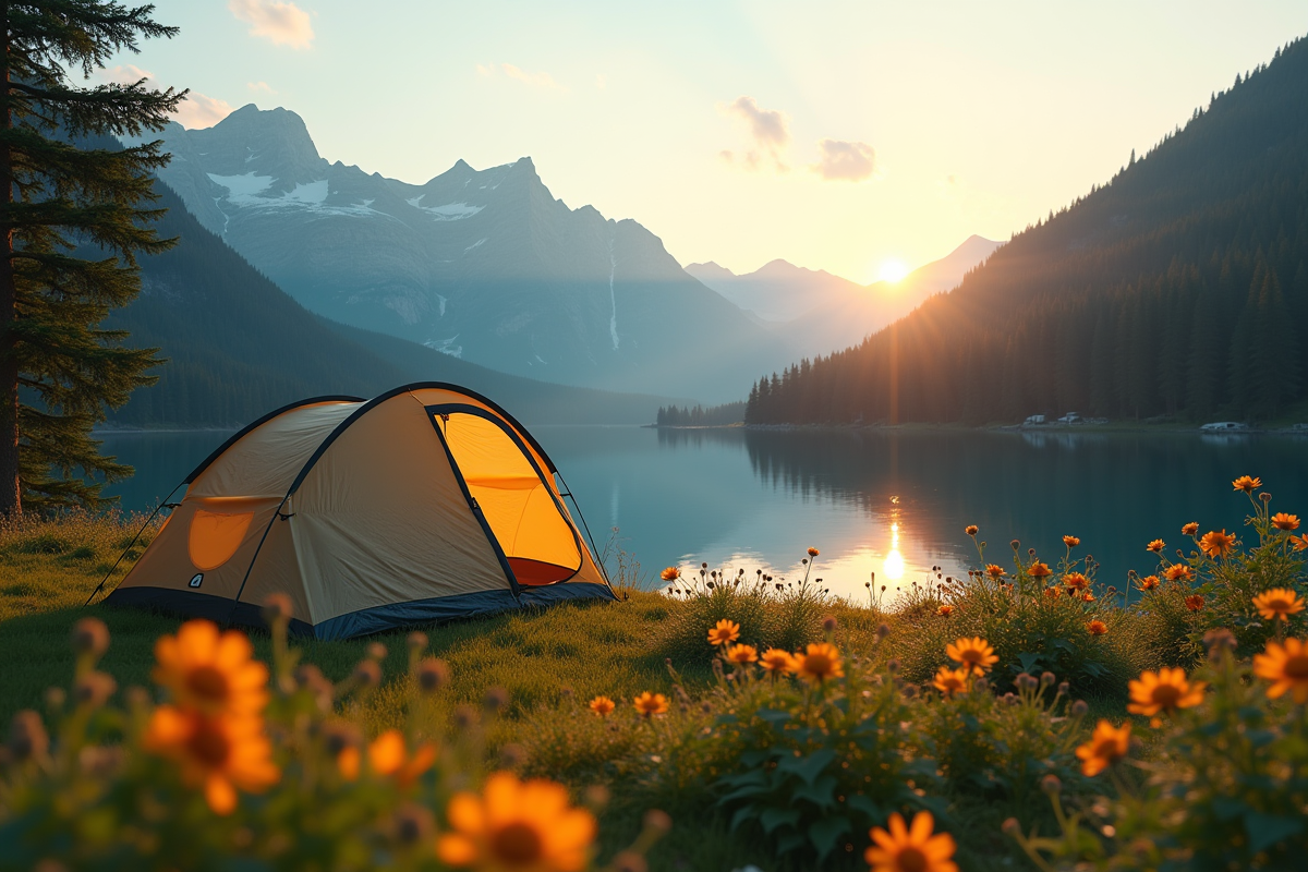 Tente au bord d'un lac de montagne au lever du soleil