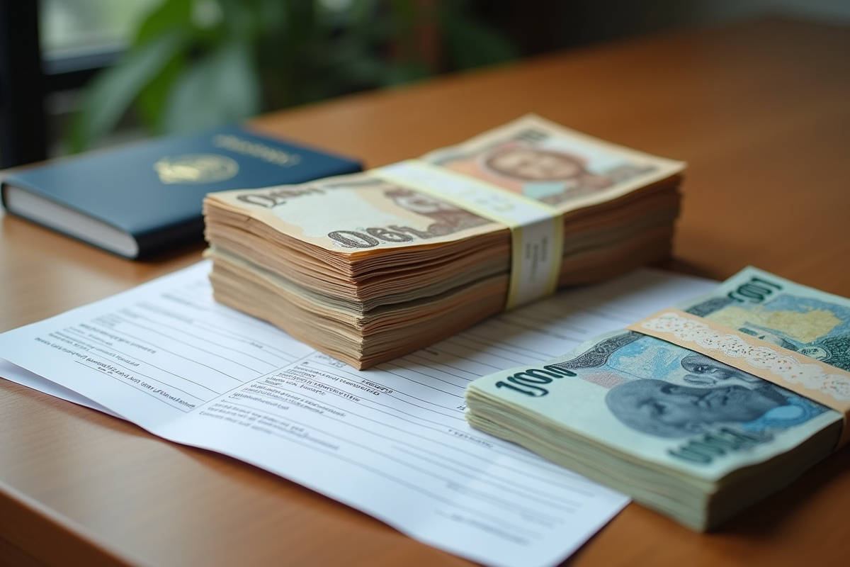 Liasses de billets internationaux sur une table en bois