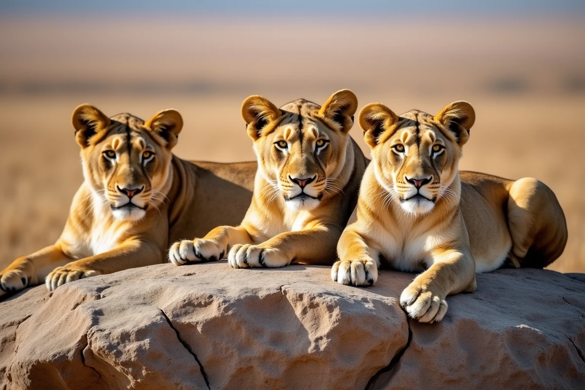 Lionnes et jeune lion au repos sur un kopje rocheux dans le parc du Serengeti en Tanzanie