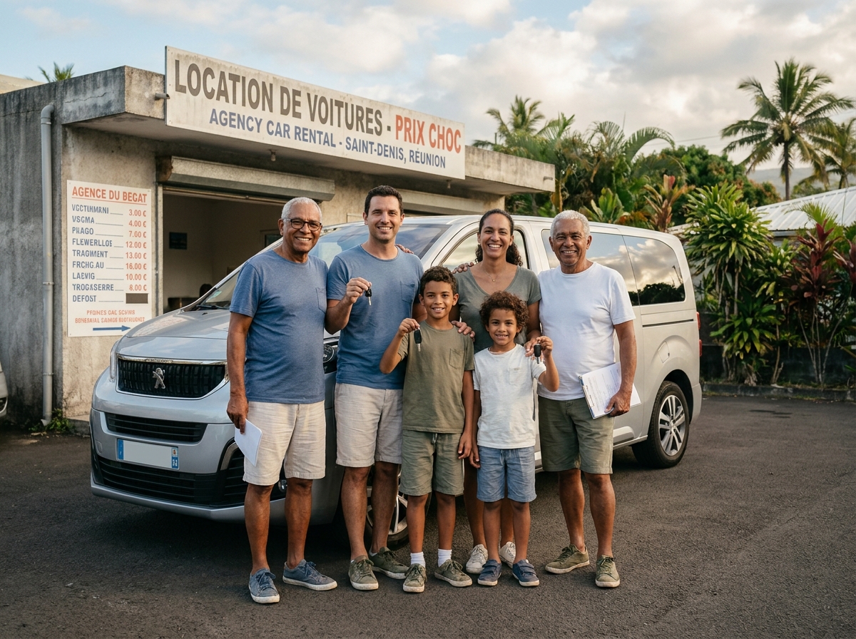 Famille de sept personnes récupérant une voiture 7 places louée à prix abordable à La Réunion devant une agence de location