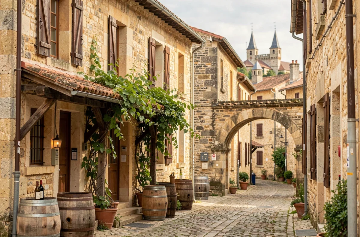 Le Logis de la Cadène à Saint-Emilion, chambre d'hôtes en pierre avec ruelle pavée et tonneaux de vin