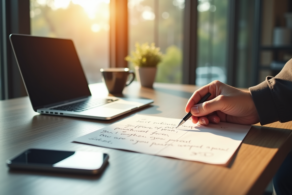 Main posant une carte postale manuscrite sur un bureau moderne