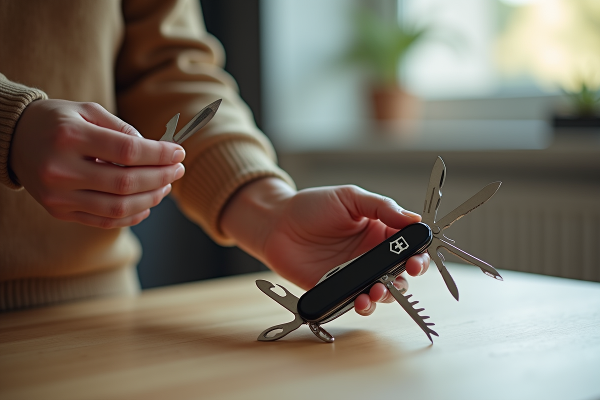 Main tenant un couteau suisse ouvert sur table intérieure