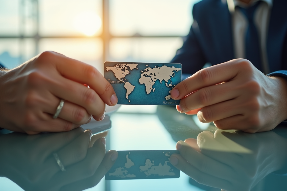 Mains tenant une carte bancaire avec un globe en relief