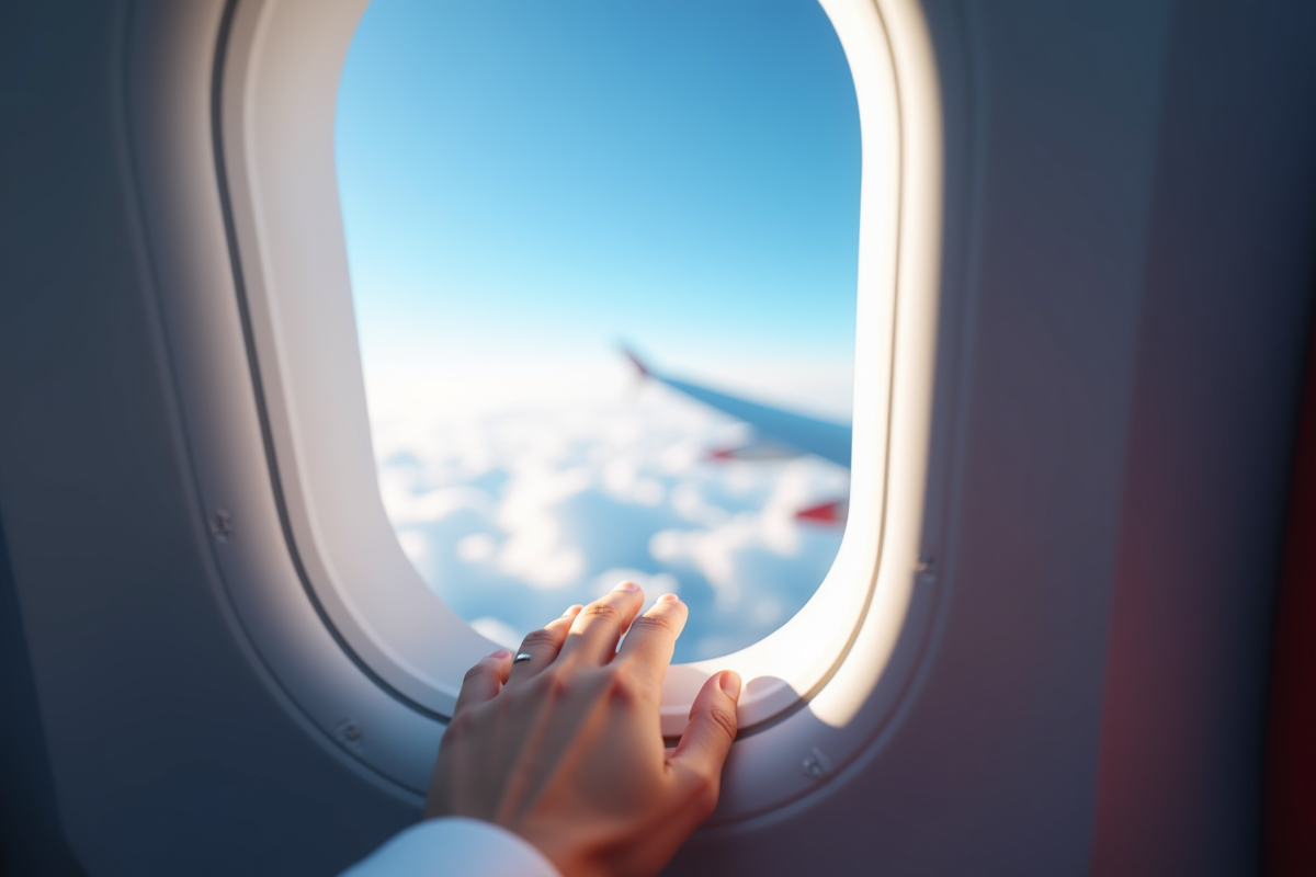 Main de passager sur la fenêtre d'avion avec ciel bleu et nuages