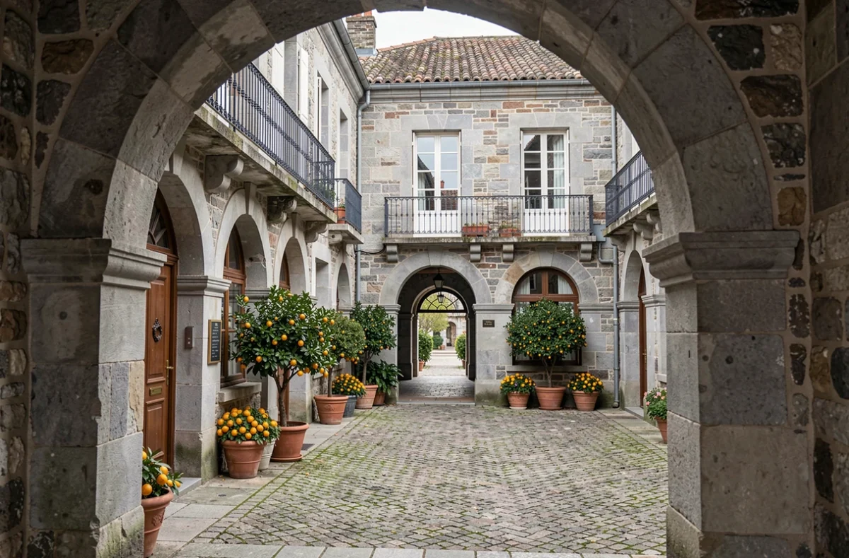 La Maison de Navarre à Navarrenx, chambre d'hôtes avec cour pavée, arcades en pierre et balcons en fer forgé