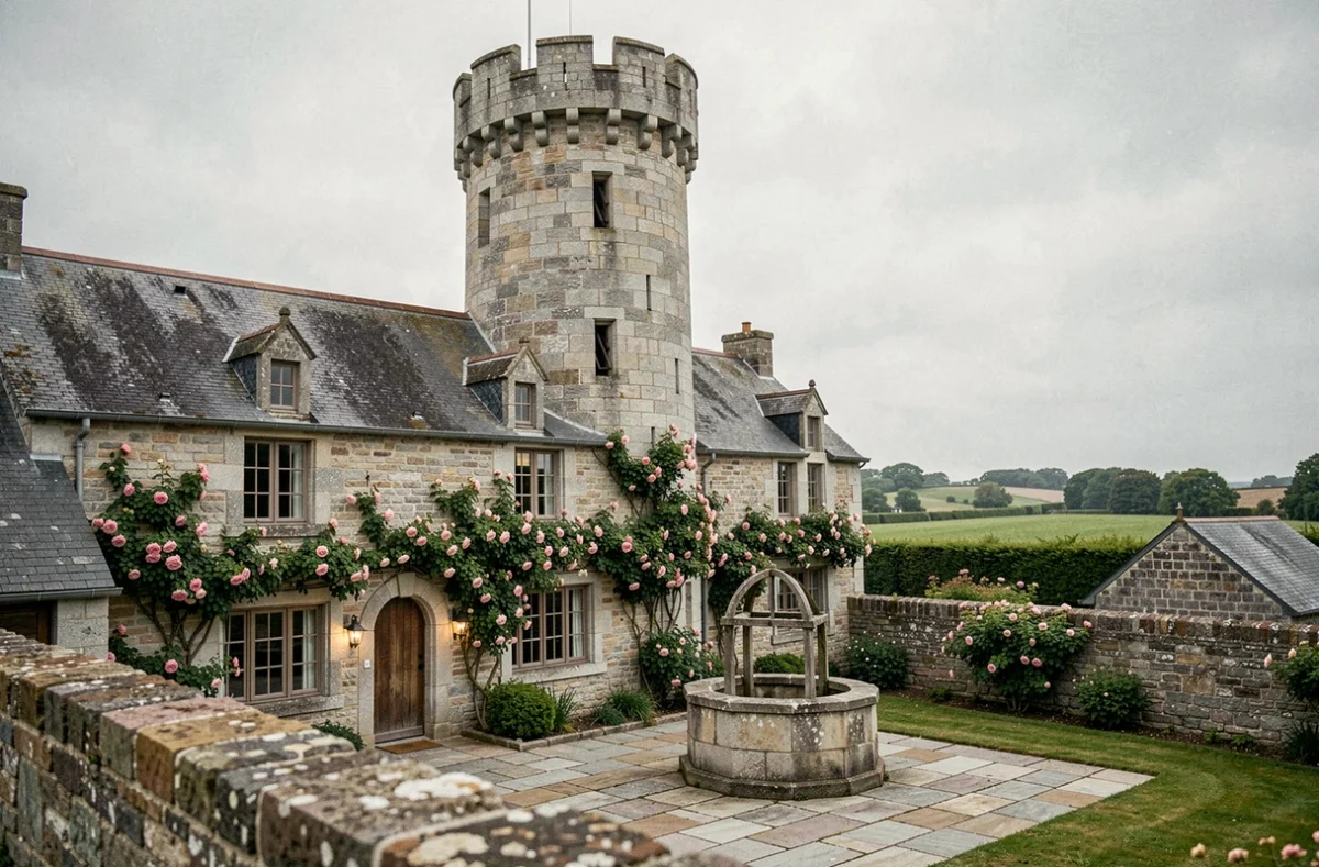Maison La Tour, chambre d'hôtes bretonne avec tour médiévale en granit et jardin clos avec puits en pierre