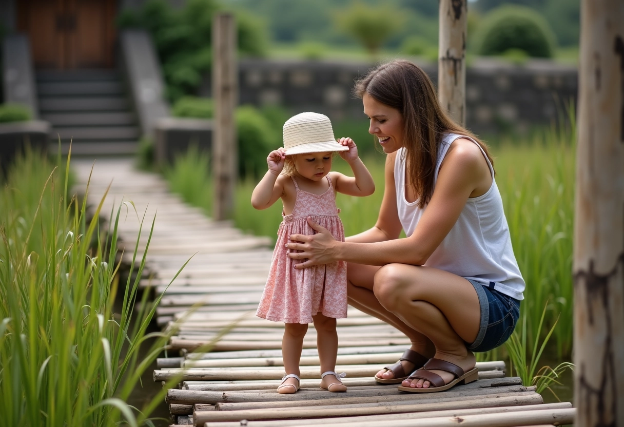 Maman europ&eacute;enne ajustant le chapeau de sa fille dans les champs