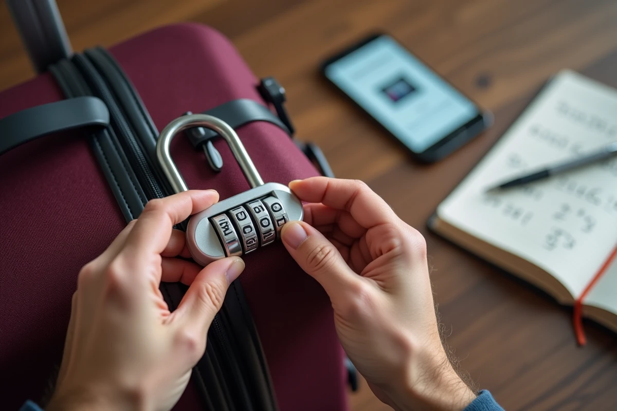 Gros plan de mains manipulant les molettes d'un cadenas TSA sur une valise en tissu bordeaux