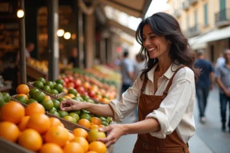 Femme explorant un marché coloré à Palermo