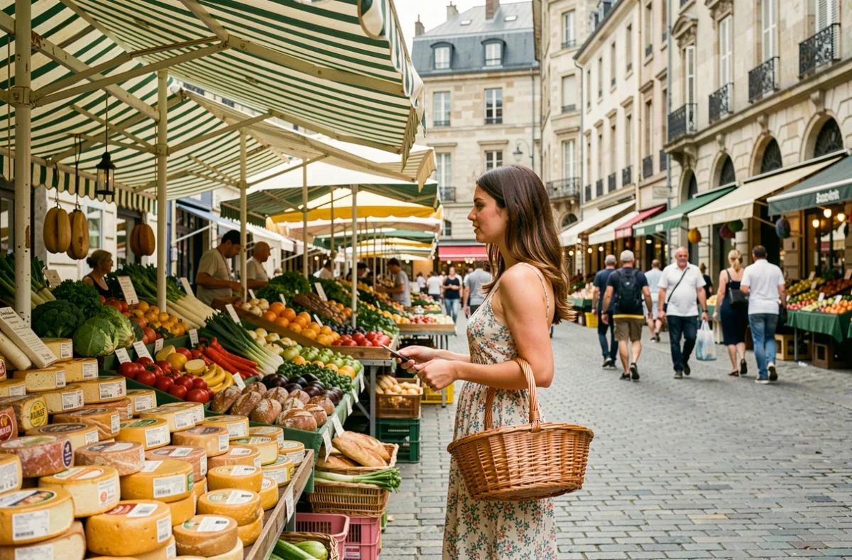 Jeune femme au marché en plein air de la Place de la République au Mans avec étals de produits locaux