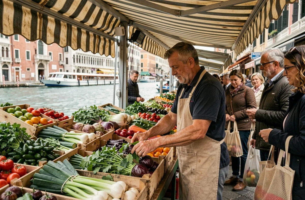 Vendeur du marché du Rialto à Venise avec des légumes frais et des clients utilisant des sacs réutilisables