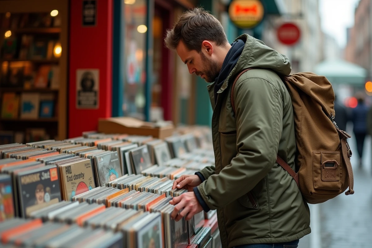 Voyageur fouillant des vinyles d'occasion au marché de Temple Bar à Dublin pour un voyage pas cher
