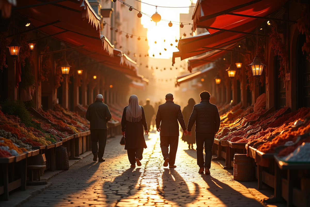 Marché marocain coloré au lever du soleil avec étals et habitants