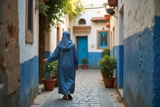 Femme marocaine en djellaba indigo marchant dans une ruelle pavée de la médina de Tanger avec des murs blanchis à la chaux