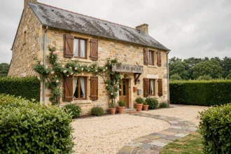 Façade d'une chambre d'hôtes bretonne typique dans les Côtes-d'Armor, avec murs en pierre, volets en bois et jardin fleuri