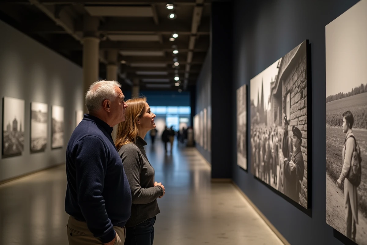 Couple de visiteurs examinant des photos historiques au Mémorial de Caen, musée du Débarquement en Normandie
