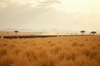Troupeau de gnous en migration traversant les plaines dorées du Serengeti en Tanzanie