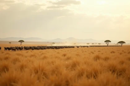 Troupeau de gnous en migration traversant les plaines dorées du Serengeti en Tanzanie