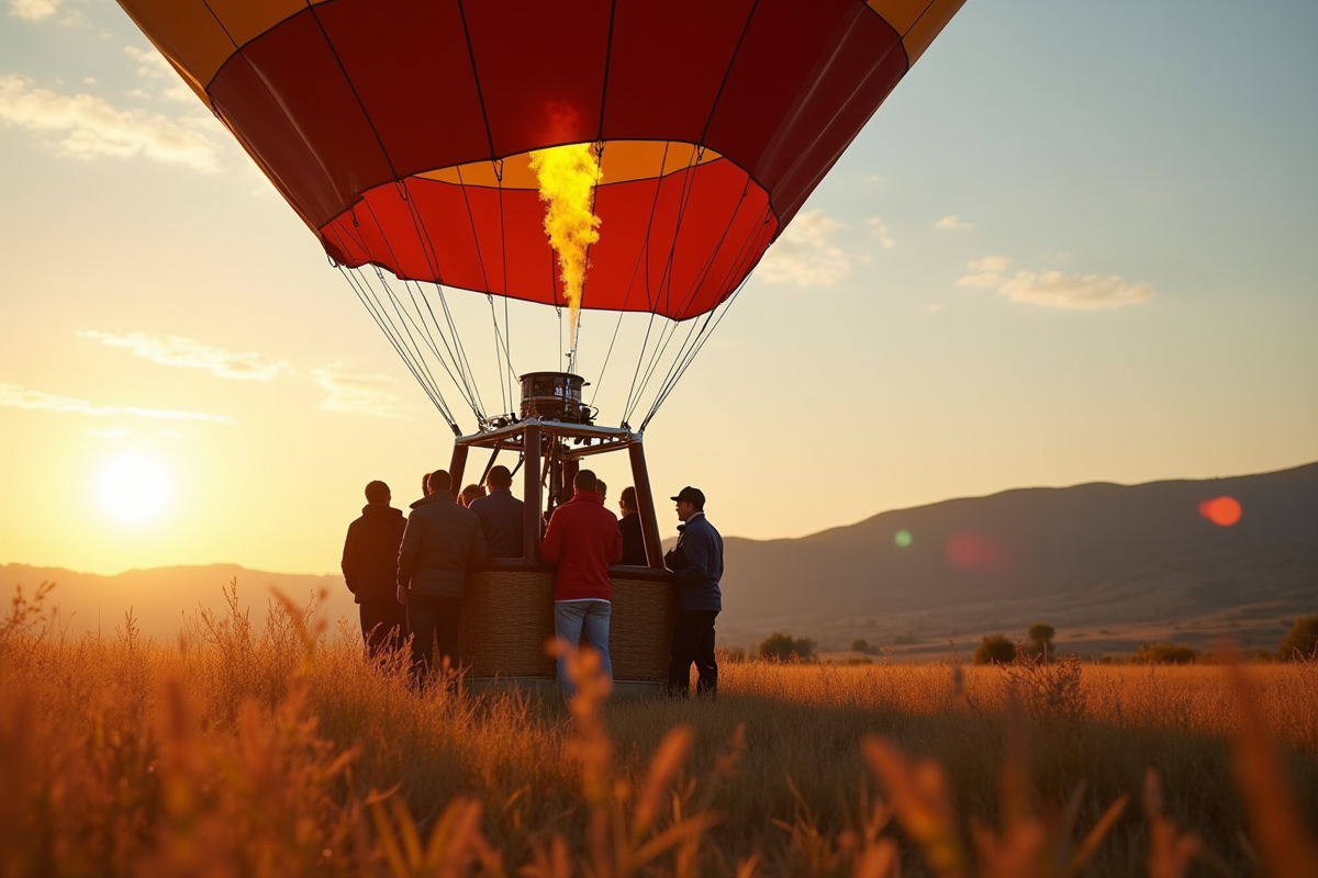 Montgolfière en préparation au lever du soleil avec passagers et pilote