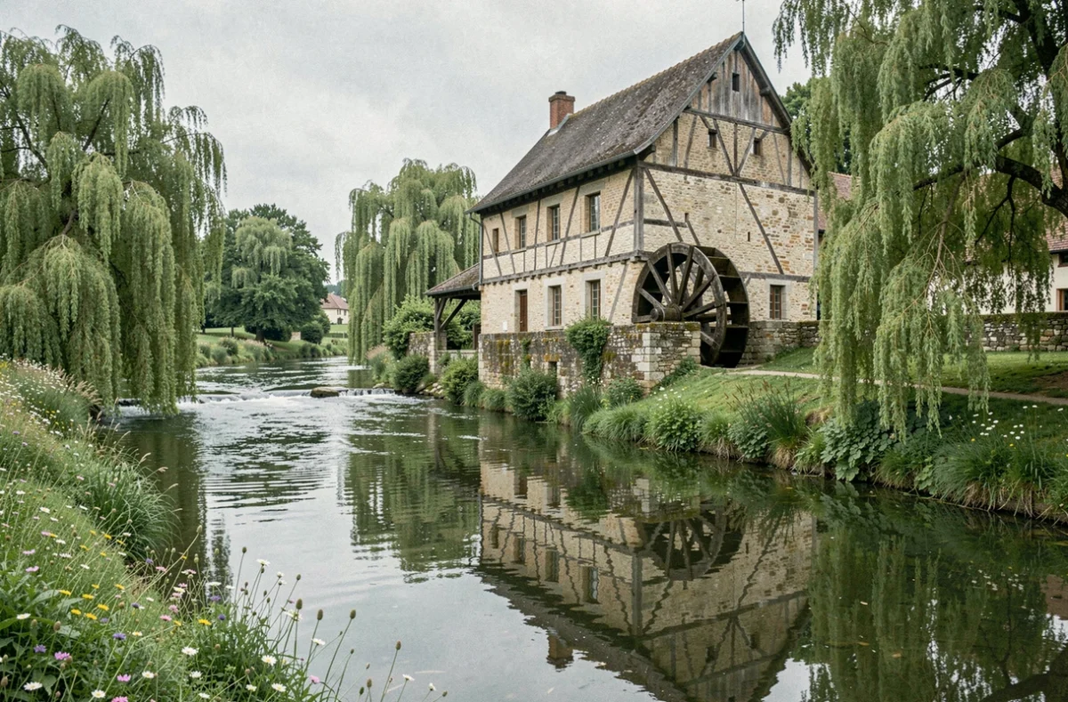 Le Moulin de Gouaix à Jutigny, ancien moulin en pierre avec roue à eau au bord d'un ruisseau